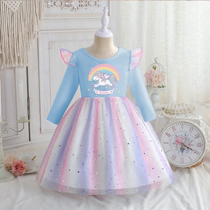 Vestido Unicornio Niña Primavera - Manga Larga Princesa Arcoíris Fiesta - Huellitas de Vida