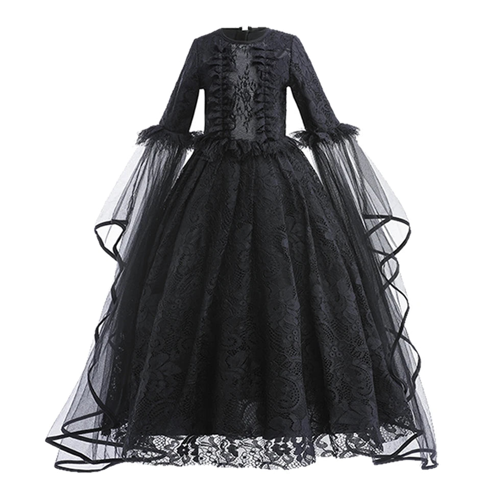 Disfraz Bruja Niña Halloween - Vestido Negro Lujo Encaje Lentejuelas Maleficent - Huellitas de Vida