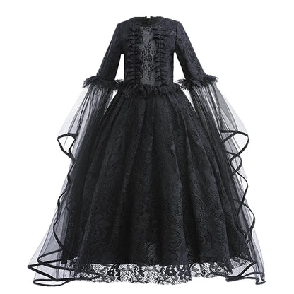 Disfraz Bruja Niña Halloween - Vestido Negro Lujo Encaje Lentejuelas Maleficent - Huellitas de Vida