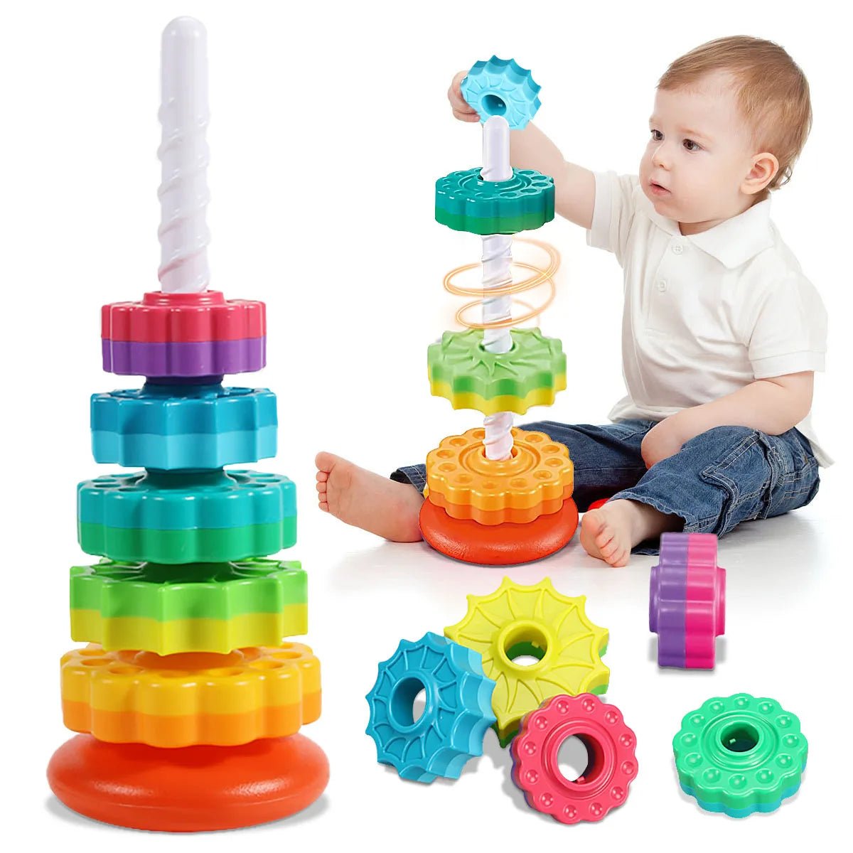 Torre Arcoíris Montessori Rotatoria - Juguete Apilable Educativo para Bebé - Huellitas de Vida