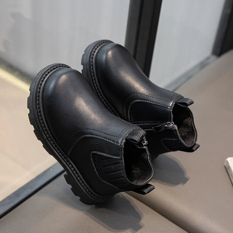 Botas Cuero Niños Estilo Británico - Botines Cremallera Lateral Moda Retro Primavera Otoño - Huellitas de Vida