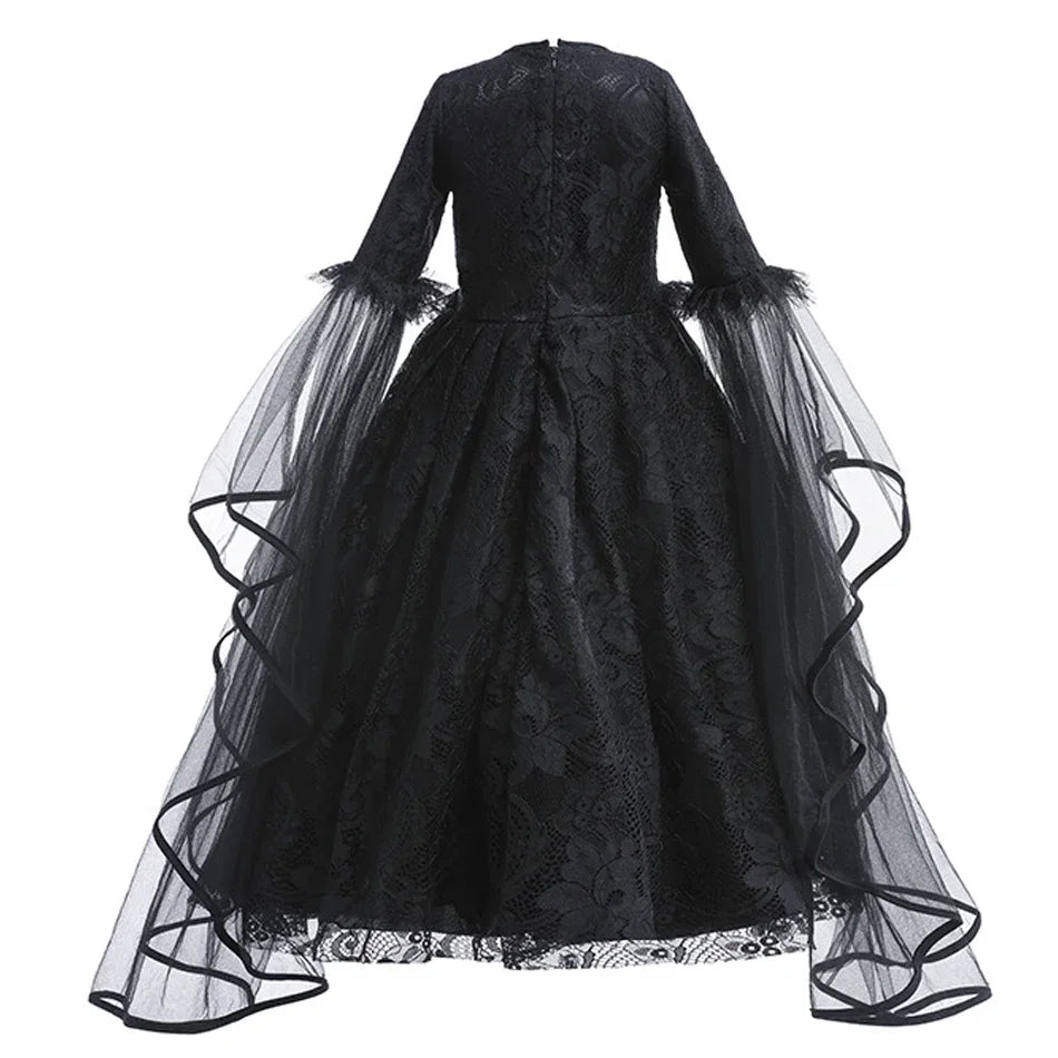 Disfraz Bruja Niña Halloween - Vestido Negro Lujo Encaje Lentejuelas Maleficent - Huellitas de Vida