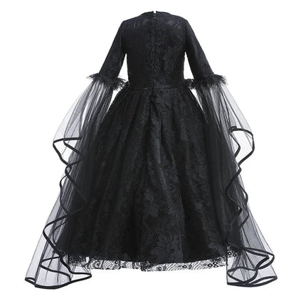 Disfraz Bruja Niña Halloween - Vestido Negro Lujo Encaje Lentejuelas Maleficent - Huellitas de Vida