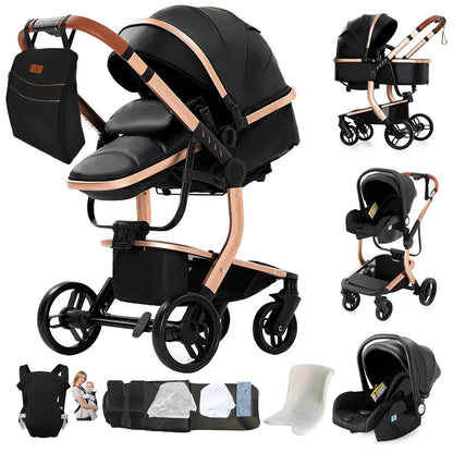 Cochecito Bebé 3 en 1 Silla Coche Piel Impermeable - Sistema Viaje Reclinable Paisaje Alto