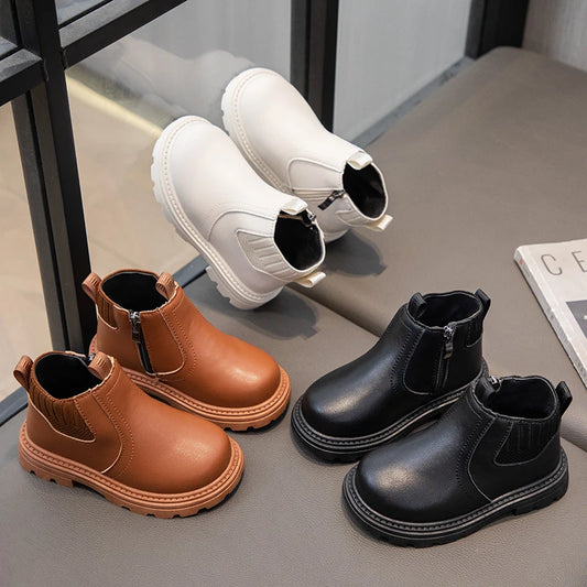 Botas Cuero Niños Estilo Británico - Botines Cremallera Lateral Moda Retro Primavera Otoño - Huellitas de Vida