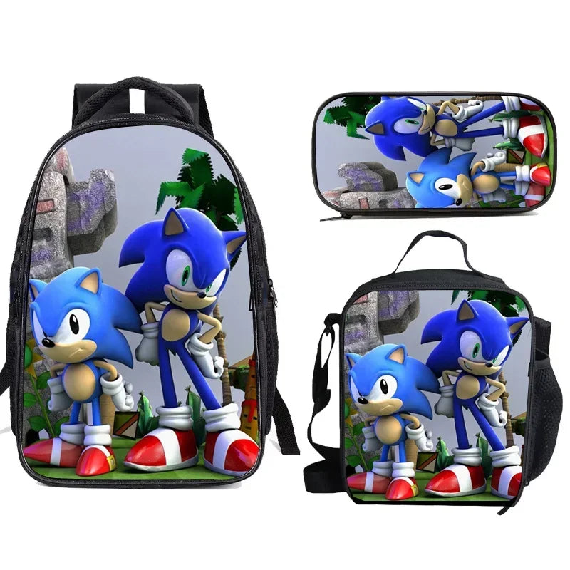 Set Mochila Sonic 3 Piezas - Mochila Escolar + Bolsa Almuerzo + Estuche - Huellitas de Vida