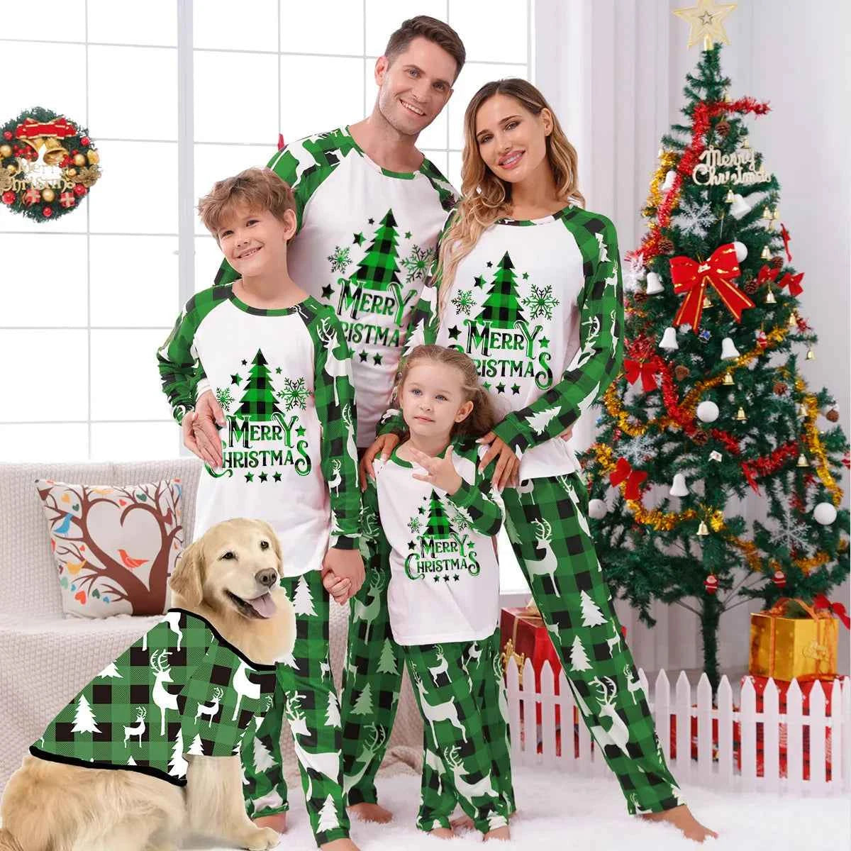 Pijama Navidad Familiar Verde Algodón - Conjunto Mamá Niños Bebé Perro 2025