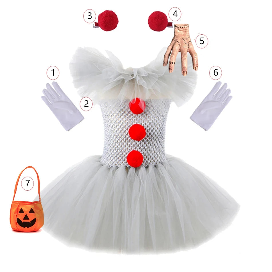 Disfraz Payaso Niña Halloween - Vestido Tutú Gris Cosplay Terror 3-12 Años - Huellitas de Vida