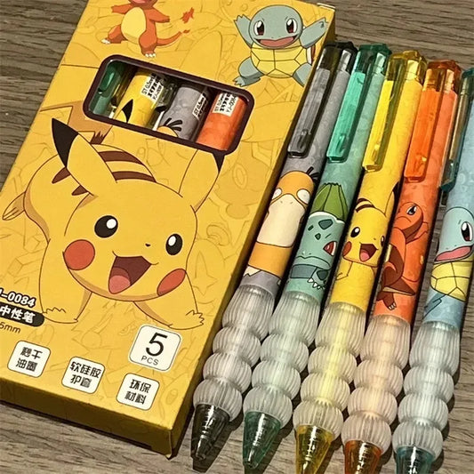 Bolígrafos Gel Pokémon Pikachu 5pcs - Papelería Anime Charmander Squirtle Material Escolar - Huellitas de Vida