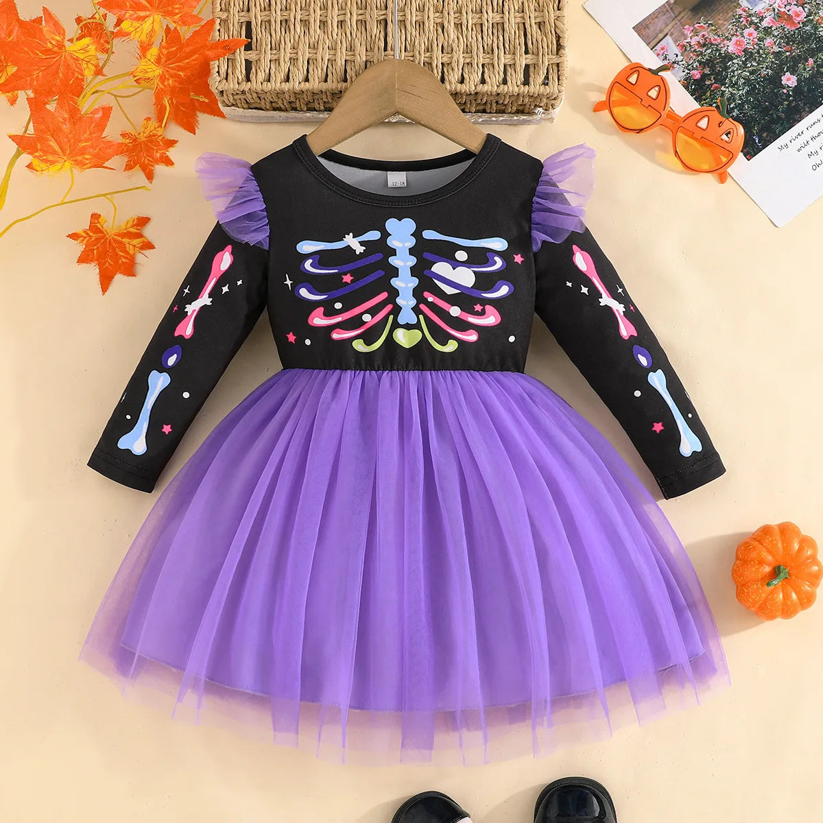 Vestido Halloween Niña Esqueleto - Tutú Colorido Hombros Volantes Temático - Huellitas de Vida