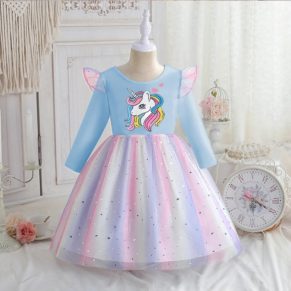 Vestido Unicornio Niña Primavera - Manga Larga Princesa Arcoíris Fiesta - Huellitas de Vida
