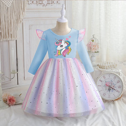 Vestido Unicornio Niña Primavera - Manga Larga Princesa Arcoíris Fiesta - Huellitas de Vida
