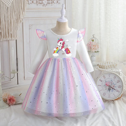 Vestido Unicornio Niña Primavera - Manga Larga Princesa Arcoíris Fiesta - Huellitas de Vida