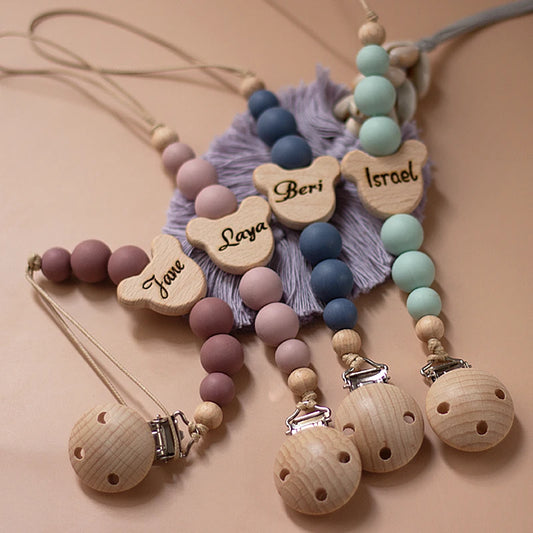 Cadena Chupete Personalizada Madera - Cadena Silicona Nombre Bebé Mordedor Recién Nacido Regalo - Huellitas de Vida