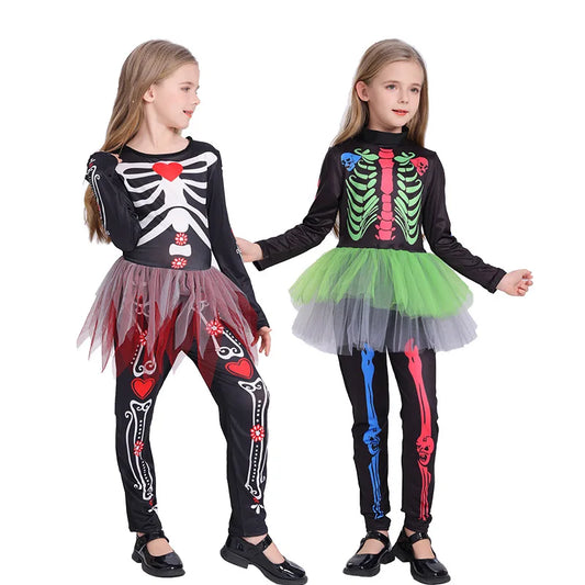 Disfraz Esqueleto Niña Halloween - Vestido Ajustado Colorido Una Pieza - Huellitas de Vida