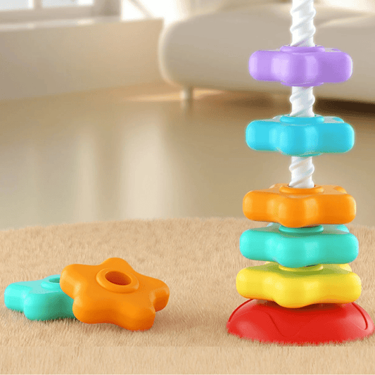 Torre Arcoíris Montessori Rotatoria - Juguete Apilable Educativo para Bebé - Huellitas de Vida