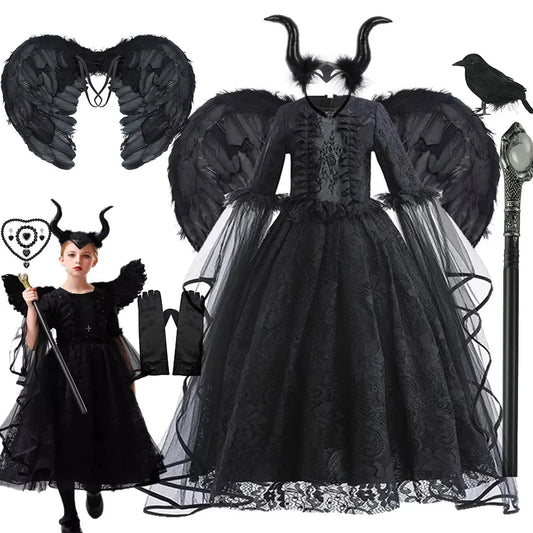 Disfraz Bruja Niña Halloween - Vestido Negro Lujo Encaje Lentejuelas Maleficent - Huellitas de Vida