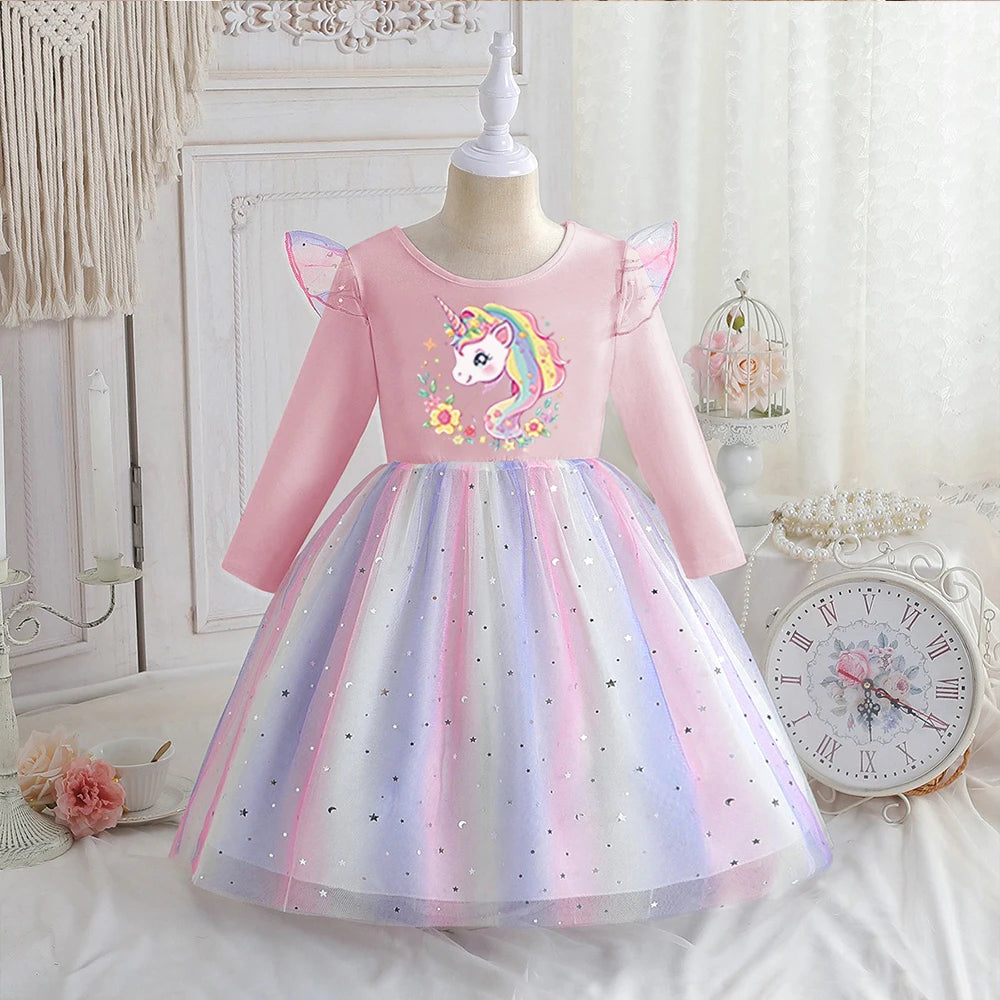 Vestido Unicornio Niña Primavera - Manga Larga Princesa Arcoíris Fiesta - Huellitas de Vida