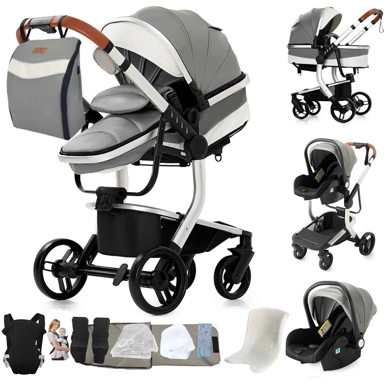 Cochecito Bebé 3 en 1 Silla Coche Piel Impermeable - Sistema Viaje Reclinable Paisaje Alto
