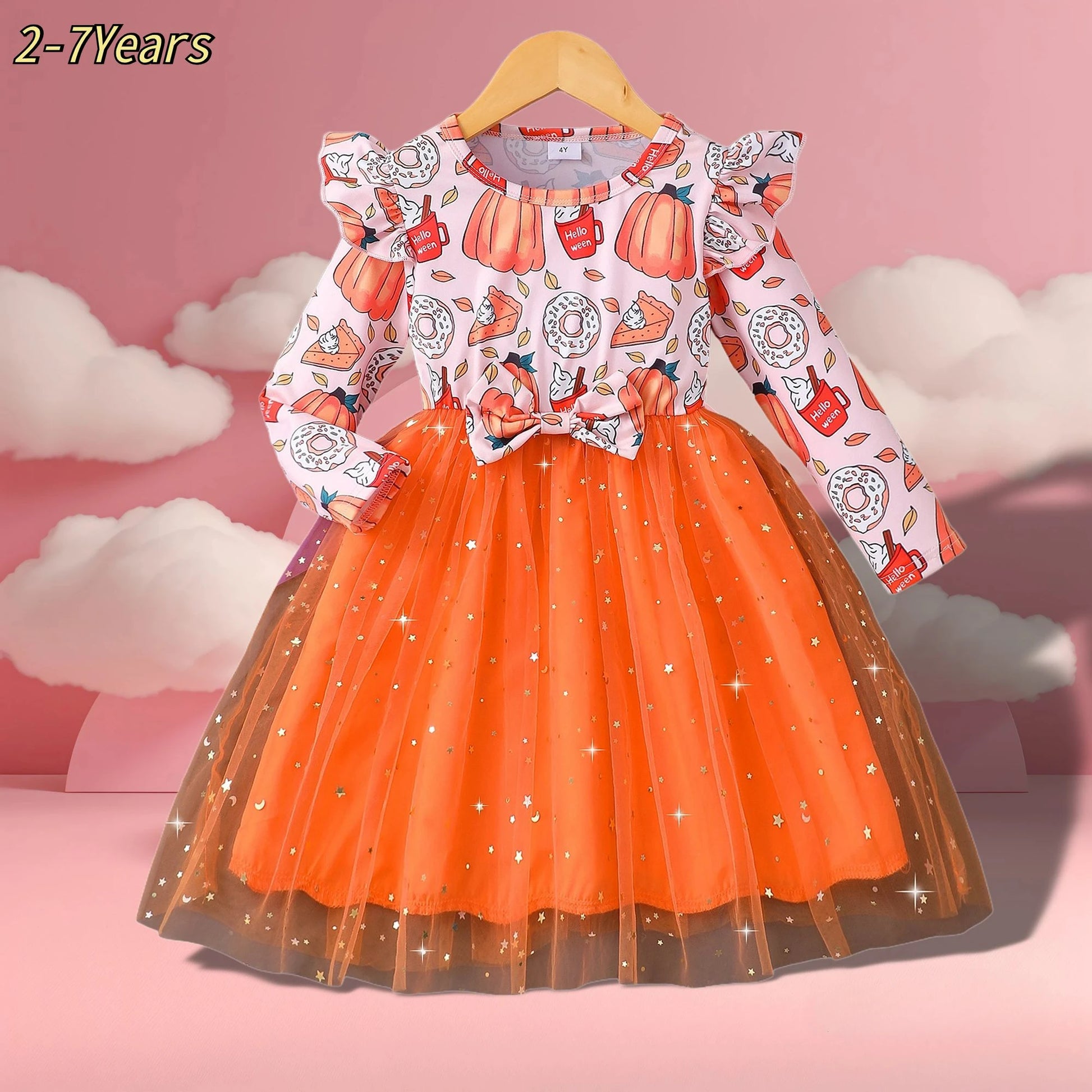 Disfraz Halloween Niña Calabaza - Vestido Manga Larga Malla Naranja 2-7 Años - Huellitas de Vida