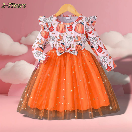 Disfraz Halloween Niña Calabaza - Vestido Manga Larga Malla Naranja 2-7 Años - Huellitas de Vida