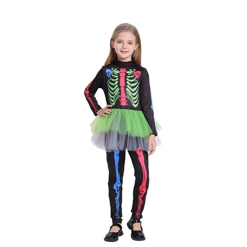 Disfraz Esqueleto Niña Halloween - Vestido Ajustado Colorido Una Pieza - Huellitas de Vida