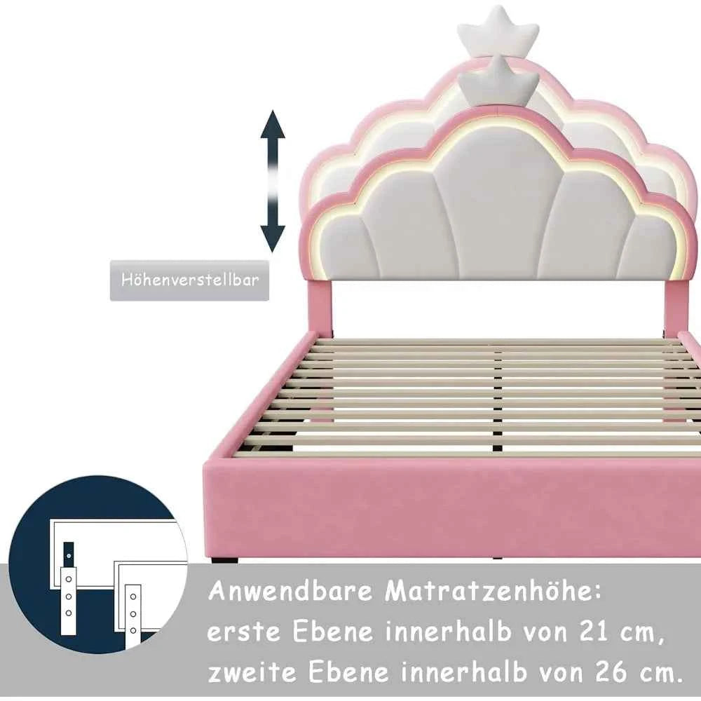 Cama Infantil Princesa 90x200 Acolchada Altura Ajustable - Cabecero Corona LED