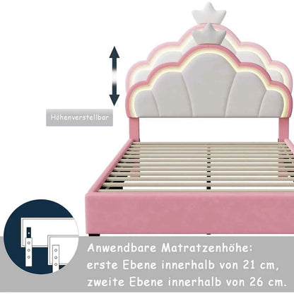 Cama Infantil Princesa 90x200 Acolchada Altura Ajustable - Cabecero Corona LED
