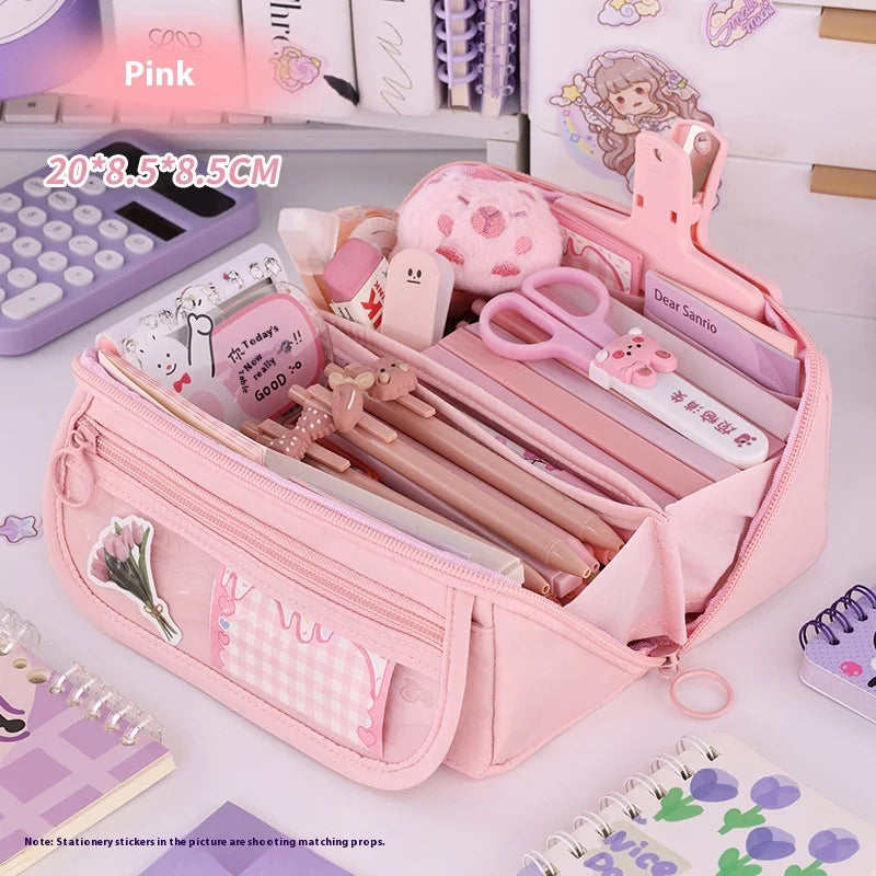 Estuche Escolar Transparente Large - 3 Compartimientos Korea Pouch Cute - Huellitas de Vida