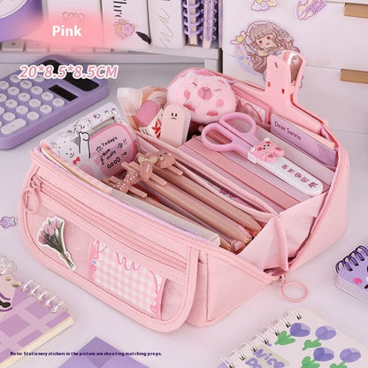Estuche Escolar Transparente Large - 3 Compartimientos Korea Pouch Cute - Huellitas de Vida