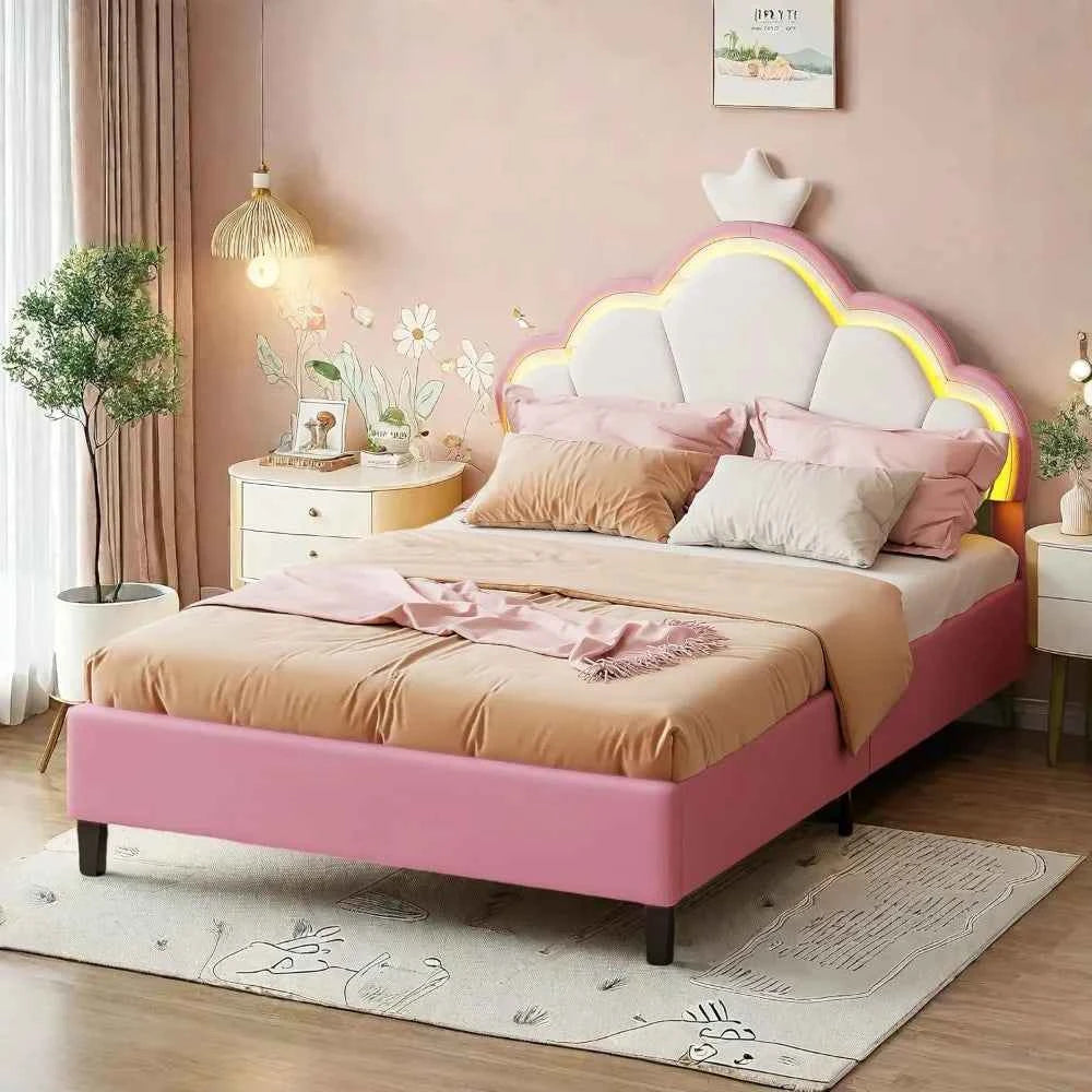 Cama Infantil Princesa 90x200 Acolchada Altura Ajustable - Cabecero Corona LED