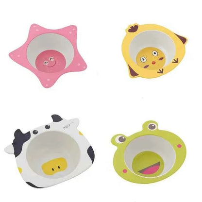 Vajilla Infantil Bambú Natural 5 Piezas - Plato Bowl Cubiertos Dibujos Animados Bebé