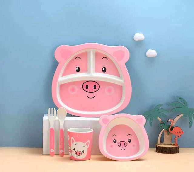 Vajilla Infantil Bambú Natural 5 Piezas - Plato Bowl Cubiertos Dibujos Animados Bebé