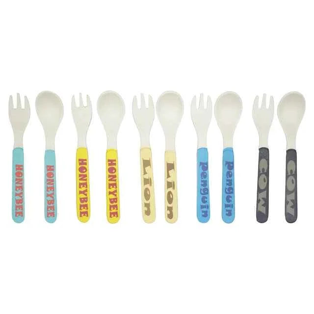 Vajilla Infantil Bambú Natural 5 Piezas - Plato Bowl Cubiertos Dibujos Animados Bebé