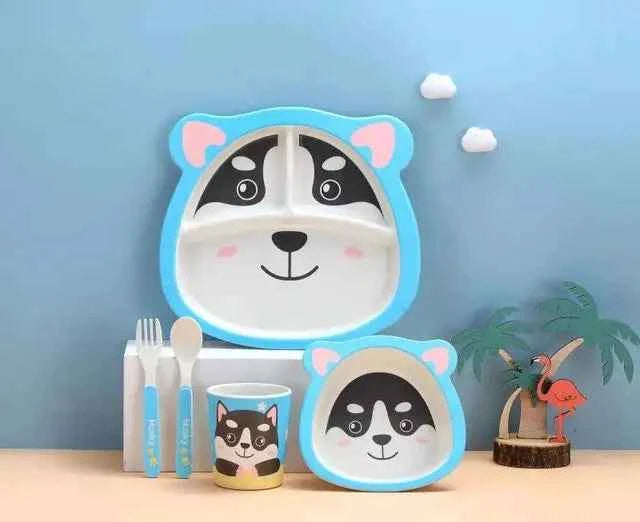 Vajilla Infantil Bambú Natural 5 Piezas - Plato Bowl Cubiertos Dibujos Animados Bebé