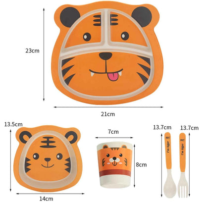 Vajilla Infantil Bambú Natural 5 Piezas - Plato Bowl Cubiertos Dibujos Animados Bebé
