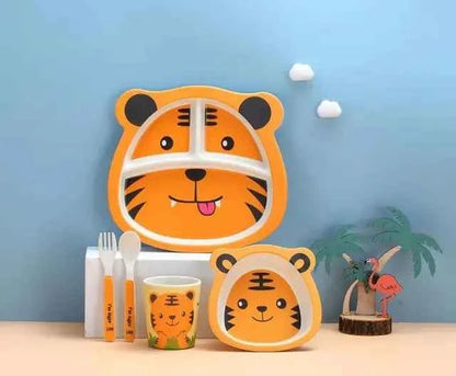 Vajilla Infantil Bambú Natural 5 Piezas - Plato Bowl Cubiertos Dibujos Animados Bebé