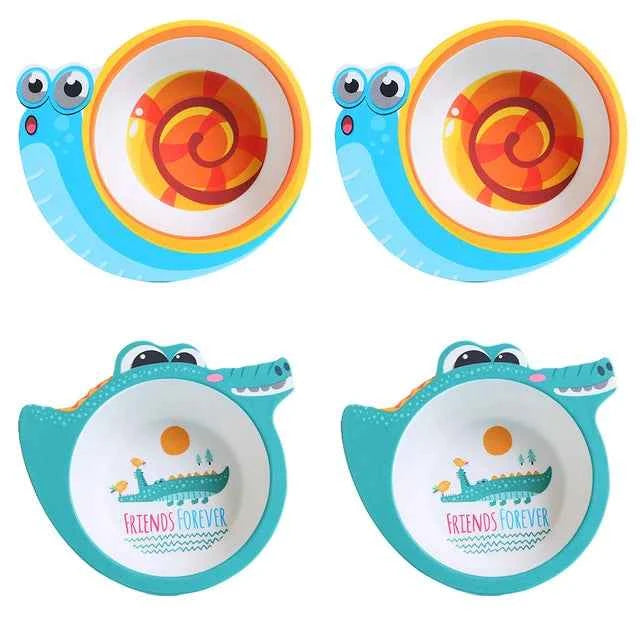 Vajilla Infantil Bambú Natural 5 Piezas - Plato Bowl Cubiertos Dibujos Animados Bebé