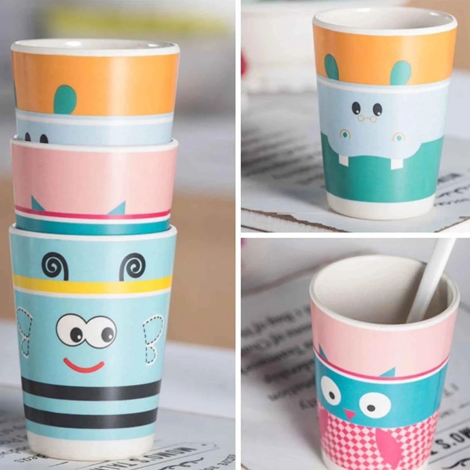 Vajilla Infantil Bambú Natural 5 Piezas - Plato Bowl Cubiertos Dibujos Animados Bebé