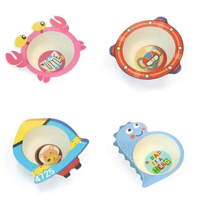 Vajilla Infantil Bambú Natural 5 Piezas - Plato Bowl Cubiertos Dibujos Animados Bebé