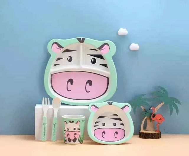 Vajilla Infantil Bambú Natural 5 Piezas - Plato Bowl Cubiertos Dibujos Animados Bebé