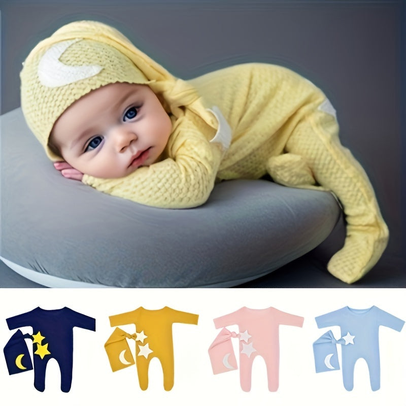 Conjunto Fotografía Bebé Estrellas Luna 2pcs - Pelele Tejido Gorro Cola Larga Sesión Fotos - Huellitas de Vida