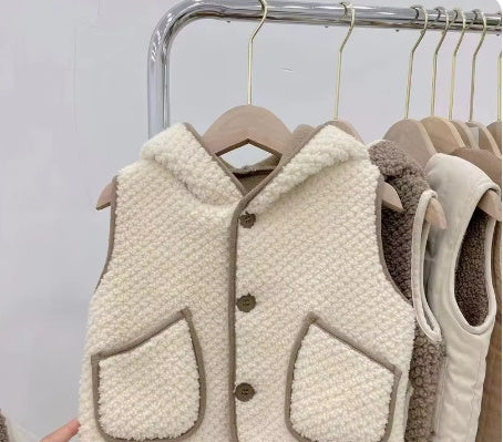 Chaleco Capucha Lana Cordero - Chaleco Moda Infantil Abrigo Exterior Cálido Cómodo - Huellitas de Vida