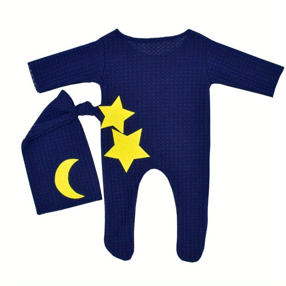 Conjunto Fotografía Bebé Estrellas Luna 2pcs - Pelele Tejido Gorro Cola Larga Sesión Fotos - Huellitas de Vida